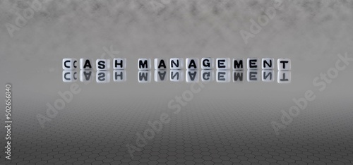cash management word or concept represented by black and white letter cubes on a grey horizon background stretching to infinity
