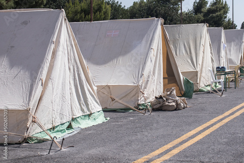 Military tents for people struck by the earthquake at Arkalochori Crete in September 2021. Many lost their houses by the quake. 