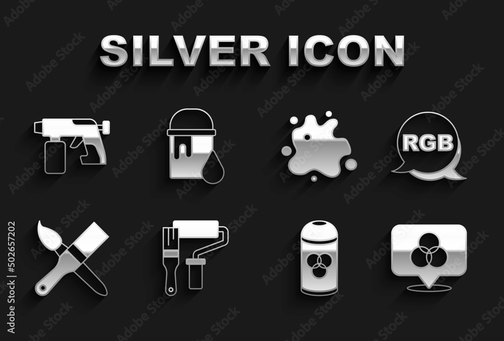 Set Paint roller brush, RGB, and CMYK color mixing, spray can, gun and bucket icon. Vector Set Paint roller brush, RGB, and CMYK color mixing, spray can, gun and bucket icon. Vector