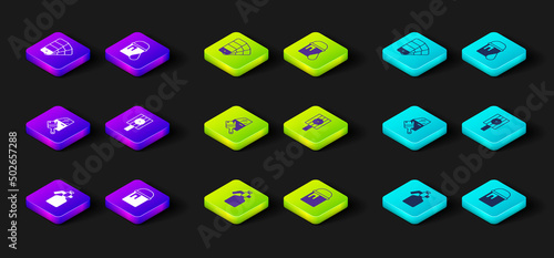 Set Paint spray gun, bucket, Car painting, Spray can nozzle cap, and Color palette guide icon. Vector