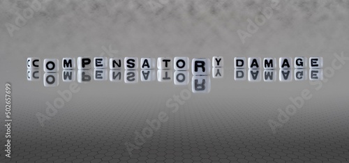 compensatory damage word or concept represented by black and white letter cubes on a grey horizon background stretching to infinity photo