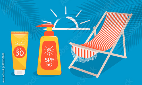 Sunscreen lotion, cosmetics with SPF. Summer vacation protection products banner.