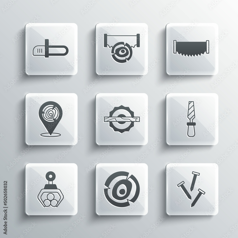 Set Wooden logs, Metallic nails, Rasp metal file, Electric circular saw, Grapple crane grabbed, Chainsaw and Two-handed icon. Vector Set Wooden logs, Metallic nails, Rasp metal file, Electric circular saw, Grapple crane grabbed, Chainsaw and Two-handed icon. Vector