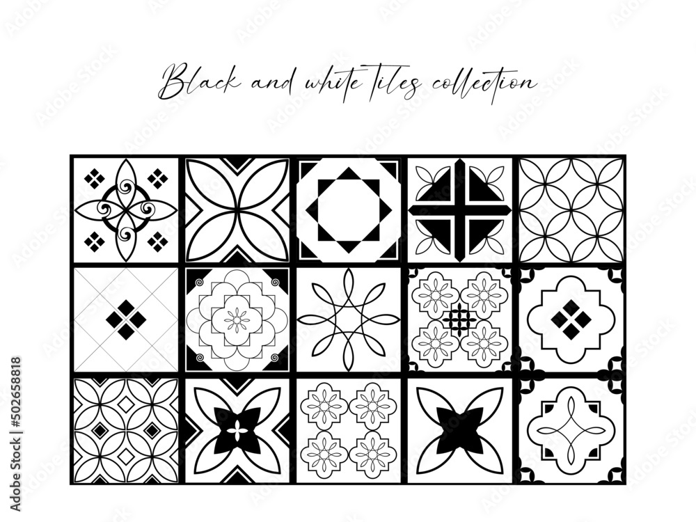 Black and white tiles collection. Azulejos art design. Spanish, Portugease tiles set. Seamless pattern.