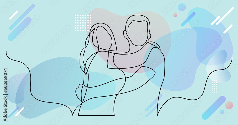 continuous line drawing of happy couple of man and woman hugging each ...