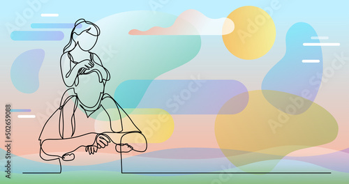 continuous line drawing of happy father carrying his daughter girl on his shoulders