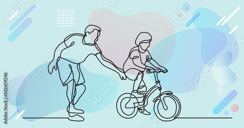 one line drawing of father helping child to drive bicycle