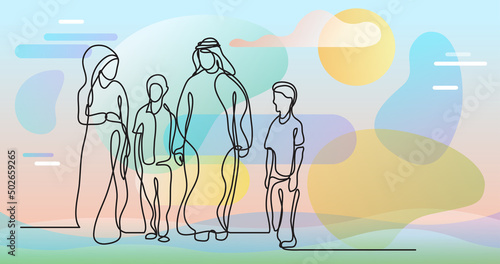 traditional arab family - single line drawing
