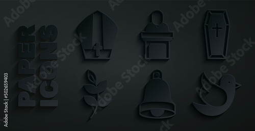 Set Church bell, Coffin, Willow leaf, Dove, pastor preaching and Pope hat icon. Vector