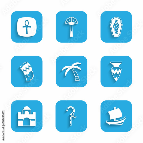 Set Tropical palm tree, Crook, Egyptian ship, vase, house, Nefertiti, mummy in sarcophagus and Cross ankh icon. Vector