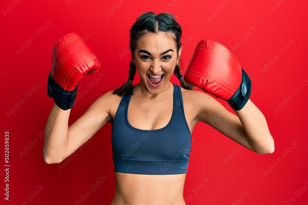 Young brunette girl using boxing gloves wearing braids celebrating crazy and amazed for success with open eyes screaming excited. Young brunette girl using boxing gloves wearing braids celebrating crazy and amazed for success with open eyes screaming excited.