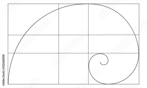Golden ratio sign. Logarithmic spiral in rectangle. Fibonacci Sequence. Nautilus shell shape. Perfect nature symmetry proportions template for photography. Vector graphic illustration
