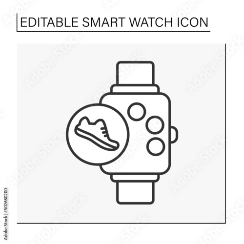  Electronic device line icon.Pedometer. Steps tracking service. Digital watch accessory on wrist. Smartwatch concept. Isolated vector illustration. Editable stroke