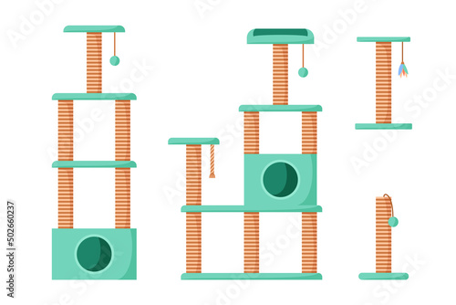 Cat trees and scratching posts set. Cat playground with claw sharpeners. Pet tower with rope posts. Supplies and accessories for domestic pets. Flat style vector