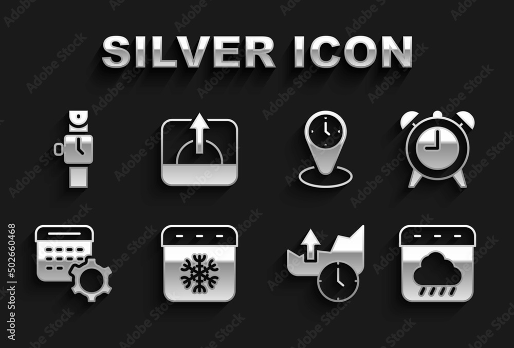 Set Calendar winter, Alarm clock, autumn, Stocks market growth graphs, settings, Time zone clocks, Wrist watch and Sunrise icon. Vector Set Calendar winter, Alarm clock, autumn, Stocks market growth graphs, settings, Time zone clocks, Wrist watch and Sunrise icon. Vector