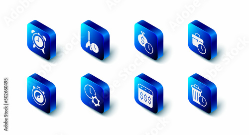 Set Cleaning time, Time is money, Work, Waste of, Payday, calendar with dollar, management, Stopwatch and Alarm clock icon. Vector