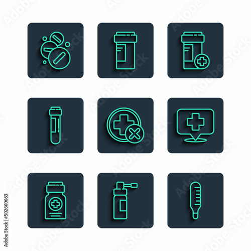 Set line Medicine bottle, Bottle with nozzle spray, Medical thermometer, Cross hospital medical, Test tube blood, pill or tablet and Map pointer cross icon. Vector