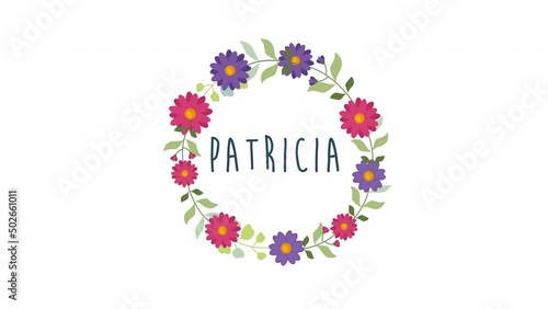 patricia text animate on Round floral frame. 4K motion animation. photo