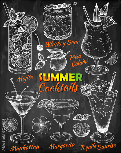 Chalk drawing set of summer cocktails on blackboard. Hand drawn sketch alcohol drinks, bar menu.Tequila, Martini, Margarita, lemon, tropical flower, mint, pineapple on chalkboard. Vector illustration.