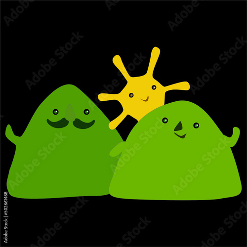 cute green alien monster mountains