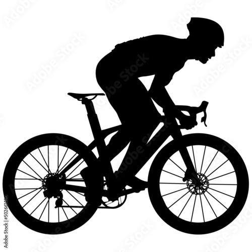 Professional racing cyclist, sport cyclist riding a racing bike, triathlon street sport Aero road bike in motion. Detailed vector realistic silhouette