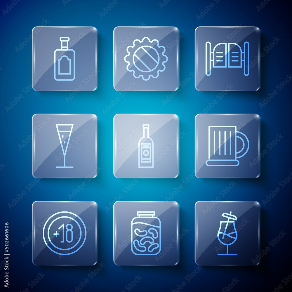 Set line Alcohol 18 plus, Pickled cucumbers in a jar, Cocktail, Saloon door, Glass bottle of vodka, champagne, Whiskey and Wooden beer mug icon. Vector Set line Alcohol 18 plus, Pickled cucumbers in a jar, Cocktail, Saloon door, Glass bottle of vodka, champagne, Whiskey and Wooden beer mug icon. Vector