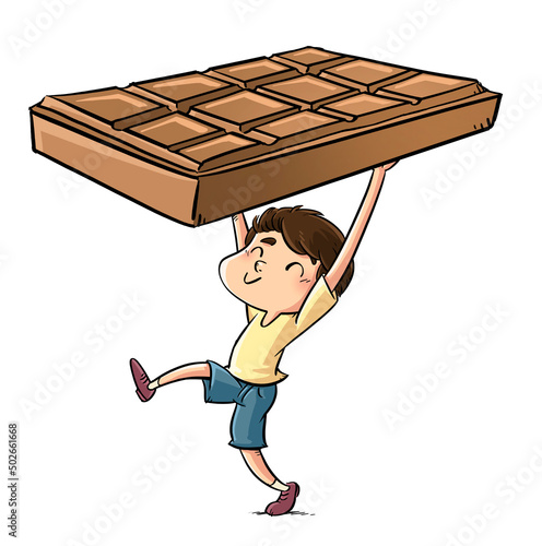 Illustration of a boy with a giant chocolate bar