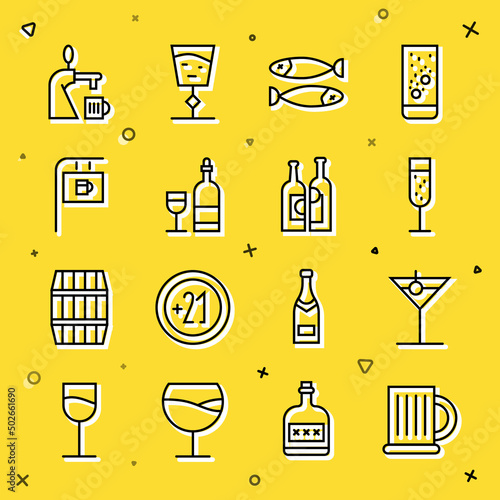 Set line Wooden beer mug, Martini glass, Glass of champagne, Dried fish, Wine bottle with, Street signboard Bar, Beer tap and Bottles wine icon. Vector