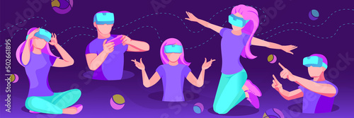 Neon glowing Meta universe, interactive futuristic space.People in vr glasses immerse into meta universe. Future cyber world technology. Fluorescent Wide banner with characters in different poses