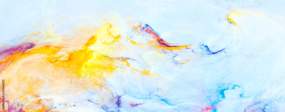 Summer sky. Light blue yellow paint background. Abstract texture. Fractal artwork for creative graphic design - obrazy, fototapety, plakaty 