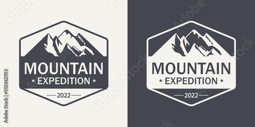 Vector Ventage Labels with Hand Drawn Mountains. 2022. Illustration for Ski Resort, Hiking, Climbing, Mountain Biking Logo Set. Drawing Winter Landscape, Camping Design