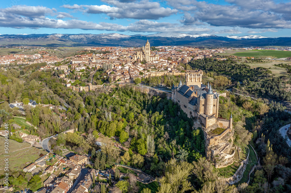 View of the Alcazar fortress and St Mary cathedral of segovia, listed world Heritage center by UNESCO Panoramic aerial