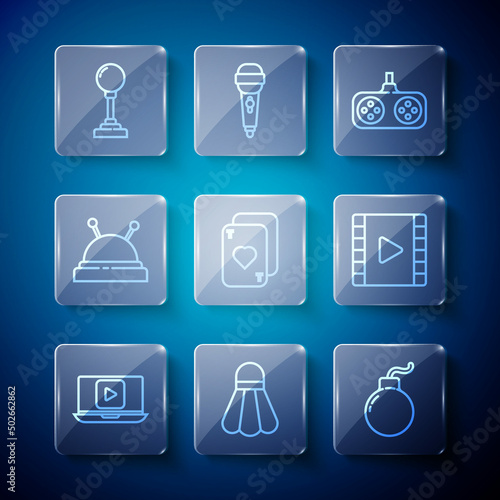 Set line Online play video, Badminton shuttlecock, Bomb ready explode, Gamepad, Playing cards, Needle bed and needles, Joystick for arcade machine and Video icon. Vector