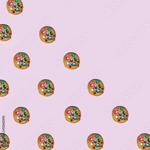 Delicious cookies pattern on pastel light purple background. Creative tasty food composition with copy space. Minimal sweets concept.