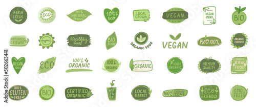 Organic certified label set. Vegan healthy food logo. Farm fresh icon. Nature vegetarian badge. Eco fiendly, bio product. Circle tag. Green leaf emblem. Quality symbol.Gluten free.Vector illustration