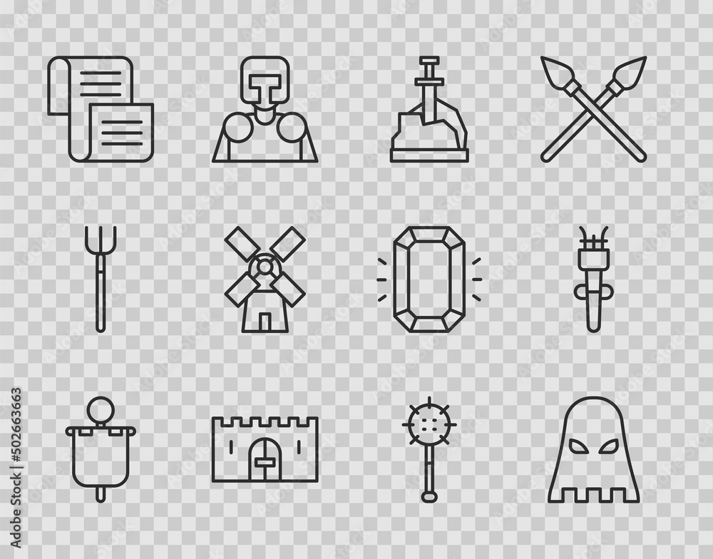 Set line Medieval flag, Executioner mask, Sword in the stone, castle gate, Decree, parchment, scroll, Windmill, chained mace ball and Torch flame icon. Vector Set line Medieval flag, Executioner mask, Sword in the stone, castle gate, Decree, parchment, scroll, Windmill, chained mace ball and Torch flame icon. Vector