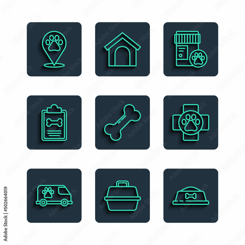 Set line Veterinary ambulance, Pet carry case, food bowl, Dog medicine bottle, bone, Clinical record pet, Location veterinary and clinic icon. Vector Set line Veterinary ambulance, Pet carry case, food bowl, Dog medicine bottle, bone, Clinical record pet, Location veterinary and clinic icon. Vector