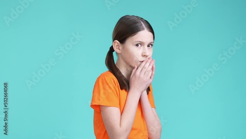 Schoolkid feel fear disgust nightmare novelty isolated cyan color background