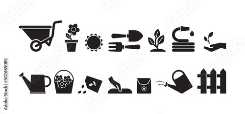 Garden vector icon set, black silhouettes gardening isolated on white background. Simple illustration
