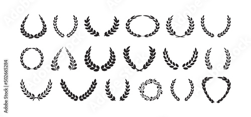 Laurel crown and wreath, olive leaf branch vector set, award and winner icon, emblem of victory, sport heraldry symbol, black silhouettes isolated on white background. Vintage illustration