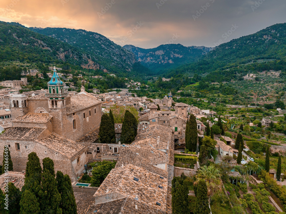 Aerial panoramic view of Valdemossa village in Mallorka, Spain.