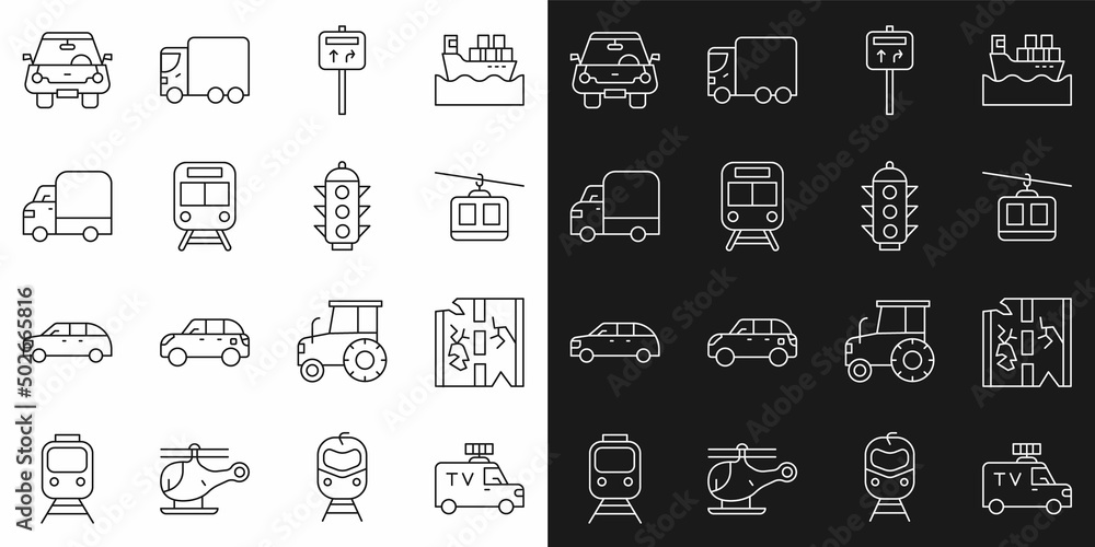 Set line TV News car, Broken road, Cable, Road traffic signpost, Train and railway, Delivery cargo truck, Car and Traffic light icon. Vector