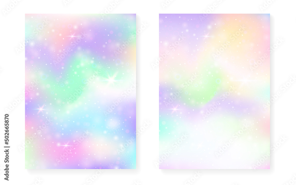 Magic background with princess rainbow gradient. Kawaii unicorn hologram.