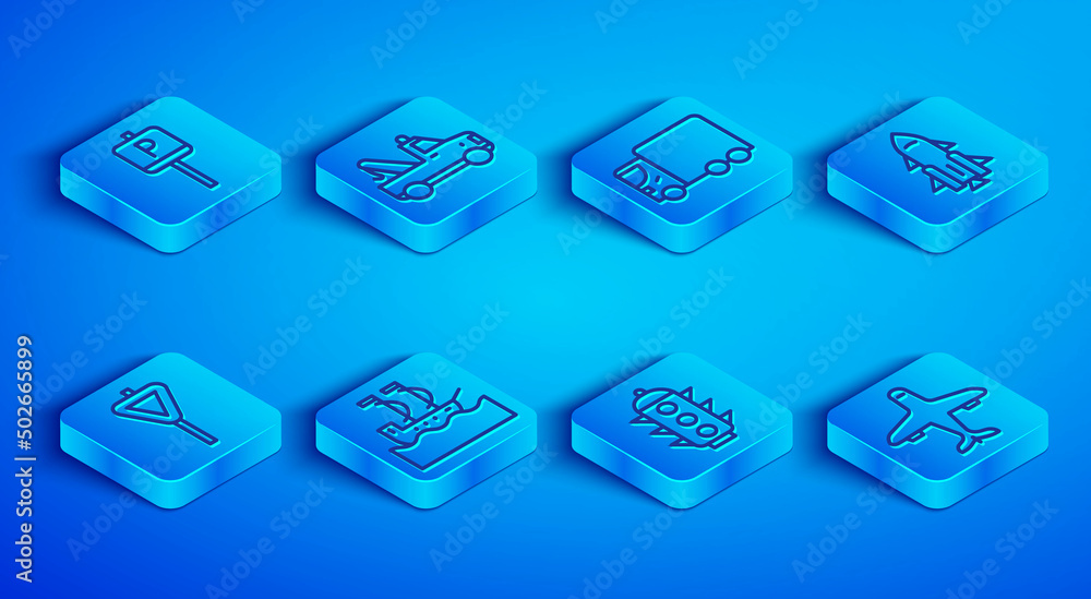 Set line Parking, Tow truck, Delivery cargo, Sailboat, Traffic light, Rocket ship with fire, Road traffic signpost and Plane icon. Vector Set line Parking, Tow truck, Delivery cargo, Sailboat, Traffic light, Rocket ship with fire, Road traffic signpost and Plane icon. Vector