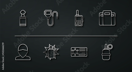 Set line Hand grenade, Vandal, Police assault shield, badge, Walkie talkie, and icon. Vector
