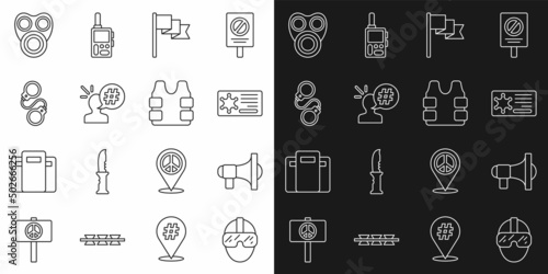 Set line Special forces soldier, Megaphone, Police badge, Location marker, Protest, Handcuffs, Gas mask and Bulletproof vest icon. Vector