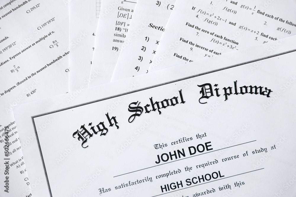High School Diploma copy lies on many pages of alghebra and geometry tests and tasks. Graduation document - obrazy, fototapety, plakaty 