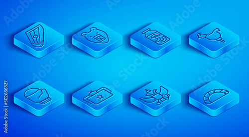 Set line Kankles, Bear head, Pickled cucumbers in jar, Ushanka, National emblem of Russia, Cockerel lollipop, Christmas mitten and Dumpling icon. Vector