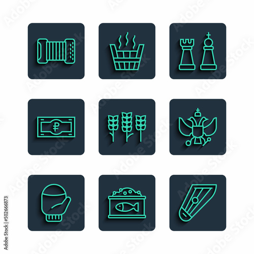 Set line Christmas mitten, Tin can with caviar, Kankles, Chess, Wheat, Russian ruble banknote, Accordion and National emblem of icon. Vector