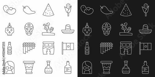 Set line Tequila bottle, Mexico flag, Mexican sombrero, Nachos, wrestler, Burning candle on skull, Beans and Cactus icon. Vector